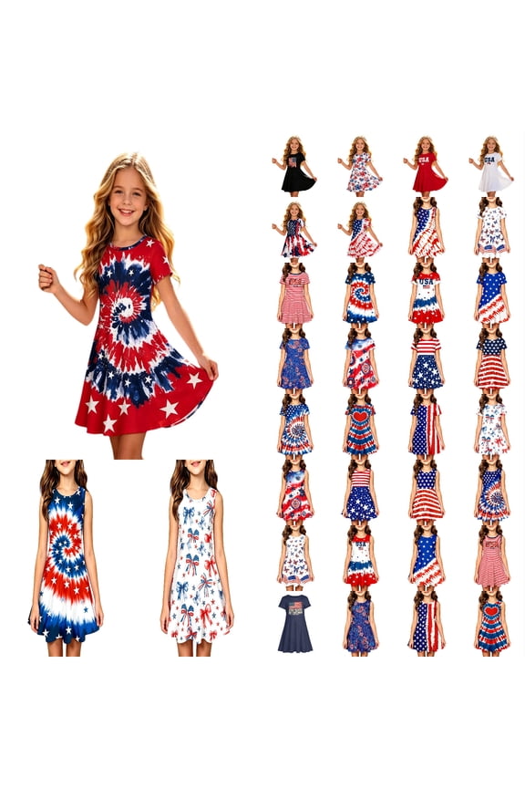 Girls 4th of July Patriotic Dress, American Flag Print A-Line Sundress, Kids Short Sleeve Independence Day Outfit, Lightweight Casual Summer Dress(Red/8-9 Years)