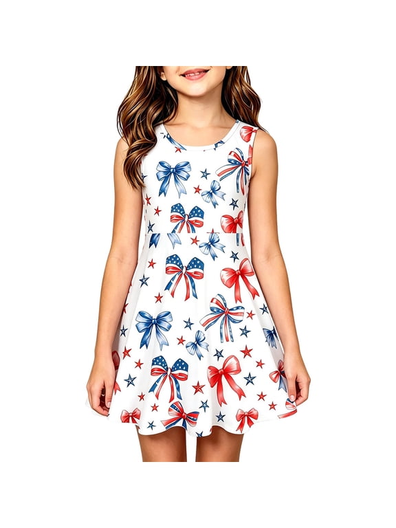Girls 4th of July Patriotic Dress, USA Flag A-Line Short Sleeve Casual Summer Dress, Independence Day Outfit for Kids(White5/3-4 Years)
