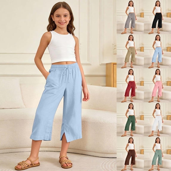 VeFlora Girls Capri Pants Wide Leg Cozy Elastic Waist Flowy Casual Pants Summer Beach Cropped Trousers with Pockets(Sky Blue/5-6 Years)