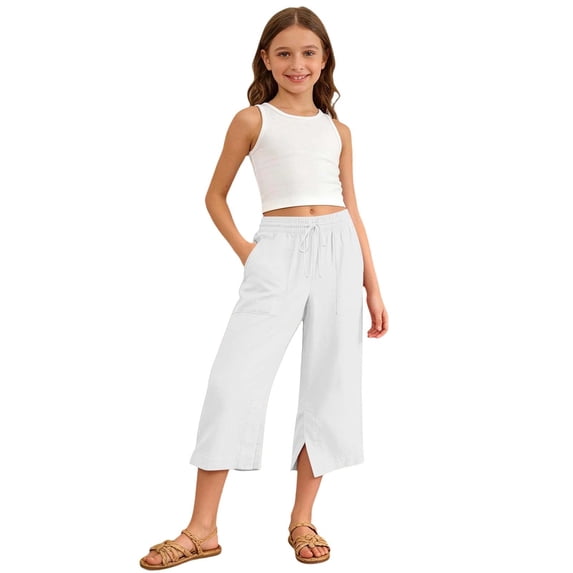 VeFlora Girls Capri Pants Wide Leg Cozy Elastic Waist Flowy Casual Pants Summer Beach Cropped Trousers with Pockets(White/14-15 Years)