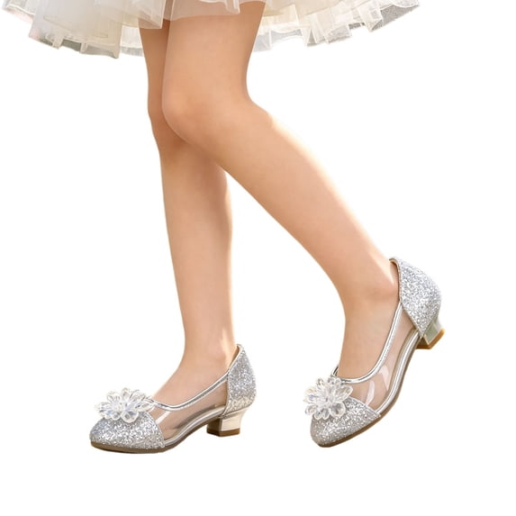 VeFlora Girls Dress Shoes, Glitter Princess Shoe, Flower Mary Jane Low Heels, Party Wedding Prom Footwear for Toddler Kids(Silver3/5-5.5 Years Little Child)