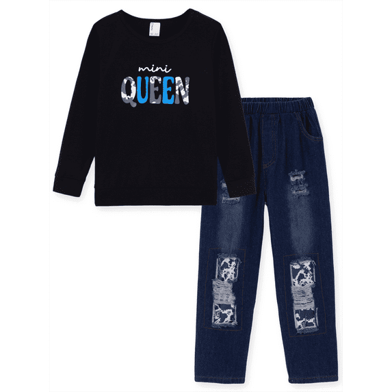 VeFlora Girls Fashion Outfit Set Graphic Print Top Ripped Denim Jeans Pants 2 Piece Kids Long Sleeve Clothes