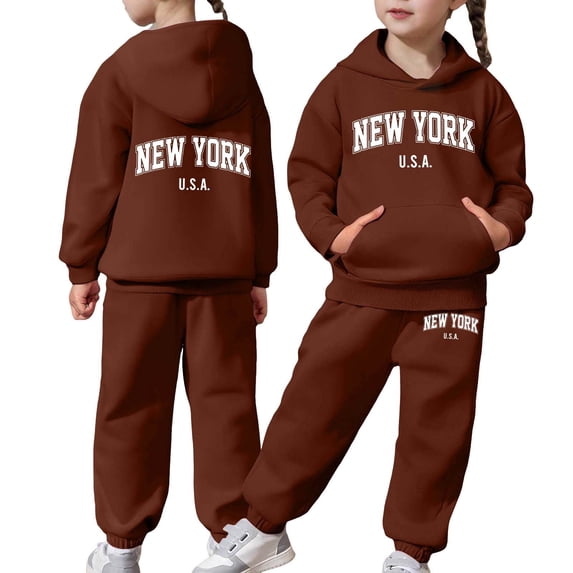 VeFlora Girls Jogger Set - 2 Piece New York Letter Print Graphic Pullover Hoodie Sweatshirt Sweatpants Sweatsuit Outfits(Coffee1/12-13 Years)