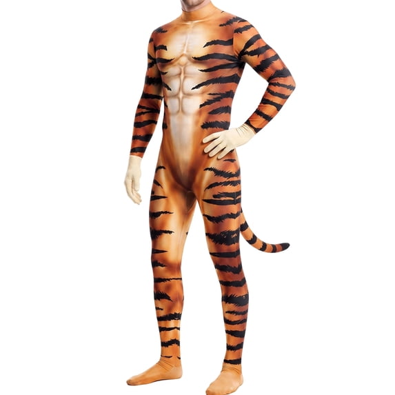 VeFlora Halloween Men's Bodysuit Muscle Animal Printed, Halloween Animal Cosplay Skinny Catsuit Fullbody Jumpsuit Costumes With Tail(Gold/L)
