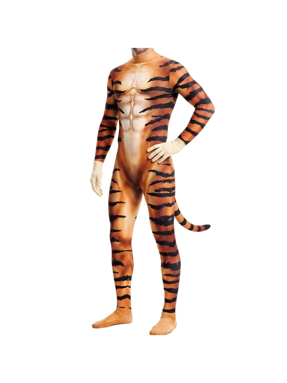 Halloween Men's Bodysuit Muscle Animal Printed, Halloween Animal Cosplay Skinny Catsuit Fullbody Jumpsuit Costumes With Tail(Gold/M)