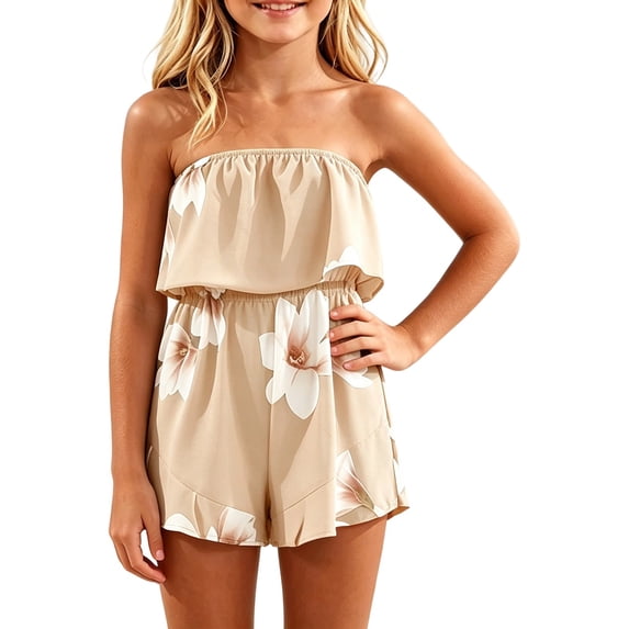 VeFlora Jumpsuits for Girl, Elegant Bandeau Rompers, Sleeveless Floral Print Overalls Elestic High Waist Playsuits, Kids Summer Wide Leg Shorts One Piece Beach Coverups(Beige/6-7 Years)