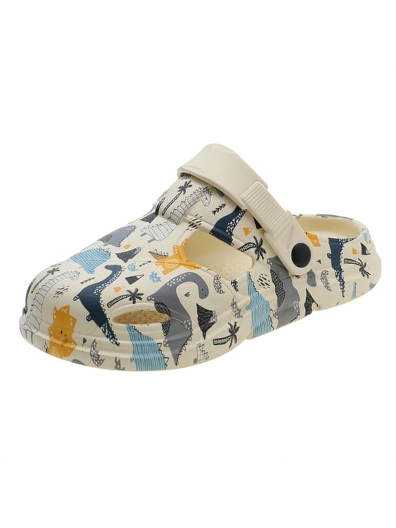 Kids Cute Clogs, Dinosaur Print Cartoon Garden Shoes Boys Girls Slides Slippers Indoor Outdoor Children Water Shower Beach Pool Sandals(Beige/8-9 Years Little Child)