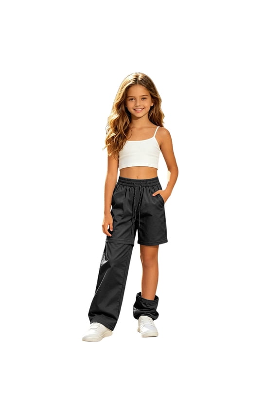 Kids Hiking Cargo Pants, Youth Outdoor Quick Dry UPF 50 Lightweight Waterproof Safari Convertible Zip Off Pants(Black/8-9 Years)
