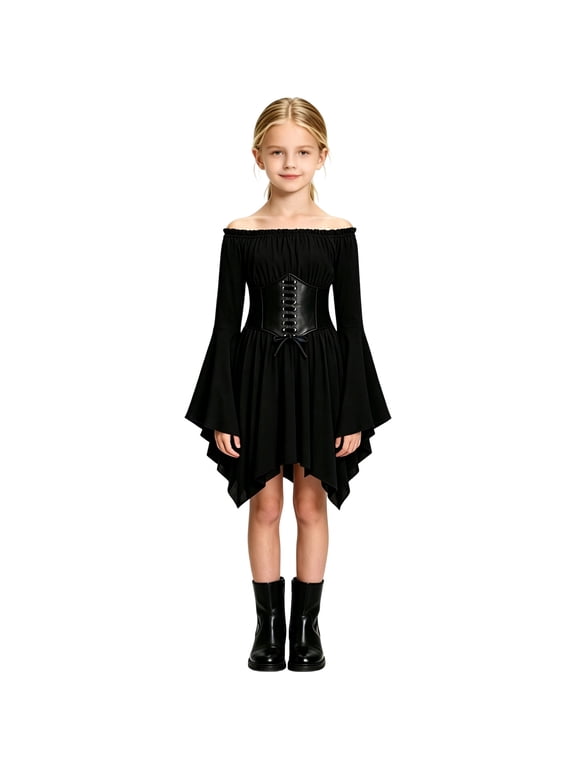 Kids Pirate Dresses Pirate Dress Up for Girl Fairy Medieval Renaissance Outfits for Girls Waist Belt & Dresses(9-10 Years/Black)