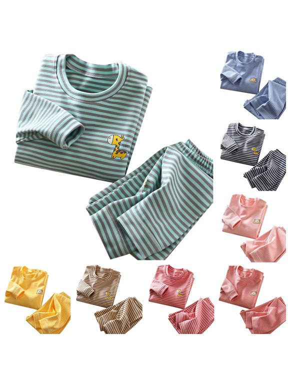 Kids Stripe Thermal Underwear 2PCS Winter Warm Soft Thick Underwear Set Cute Long Warmwear for Boys Girl(Cyan/3-6 Months)