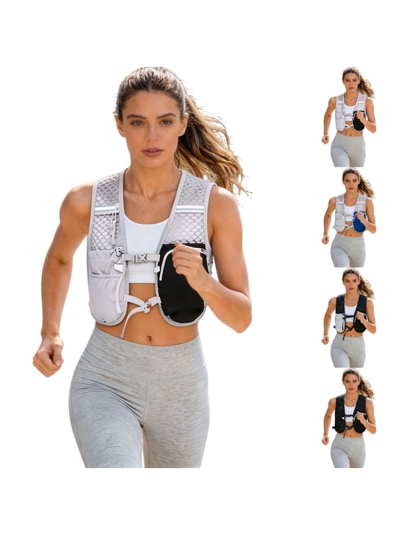 Lightweight Reflective Running Hydration Vest Backpack, Breathable Mesh Hiking Vest with Multiple Pockets, Water Bottle Vest for Cycling, Jogging, Outdoor Activities(Grey2/One Size)