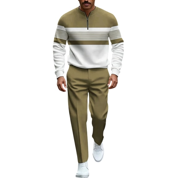 VeFlora Men's 2-piece Casual Wear Long Sleeved Shirt Pants Color Blocked Round Neck Sportswear Jogging two-piece Set(Coffee/XXXXL)