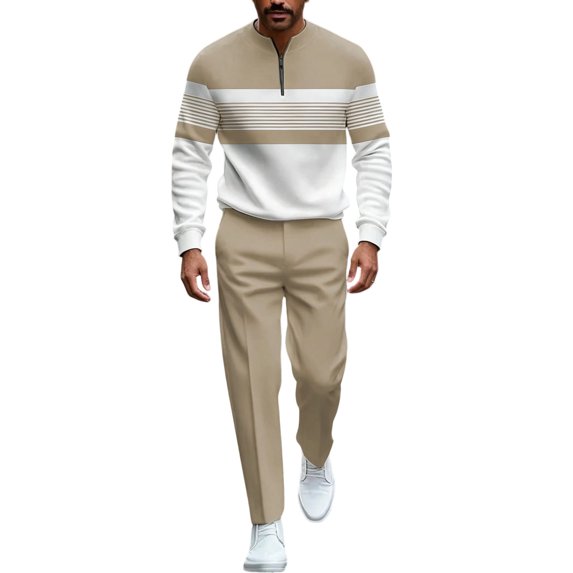 VeFlora Men's 2-piece Casual Wear Long Sleeved Shirt Pants Color Blocked Round Neck Sportswear Jogging two-piece Set(Khaki/XL)