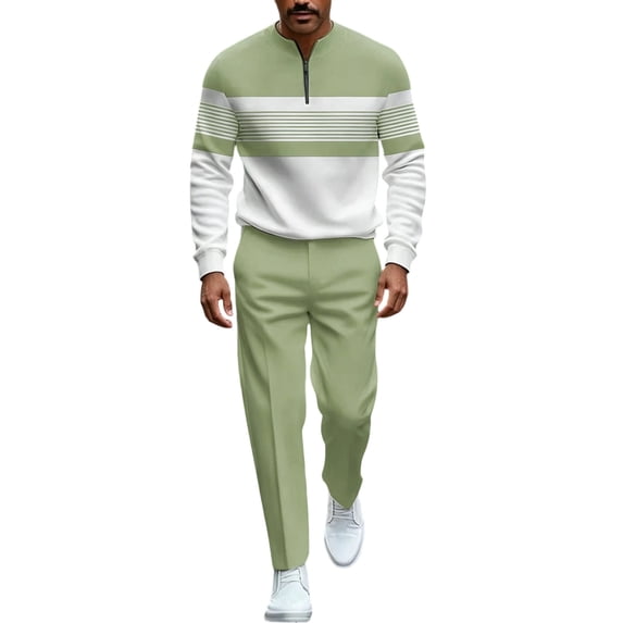 VeFlora Men's 2-piece Casual Wear Long Sleeved Shirt Pants Color Blocked Round Neck Sportswear Jogging two-piece Set(Light Green/XXXXXL)