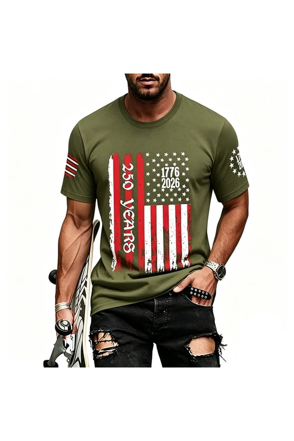 Men's 250th Anniversary USA Shirt - America 250th Casual Fashion T-Shirt Patriotic Semiquincentennial Tee 1776-2026 4th of July For Daily Wear Couples Matching Outfit(Army Green/L)