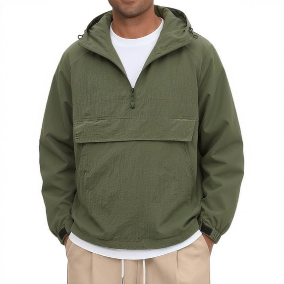 VeFlora Men's Active Solid Jackets, Lightweight Anorak Coat Tops -Half-Zip, Hooded, Elastic Hem, Spacious Pocket, Durable Fabric, Versatile Streetwear(Army Green/XS)