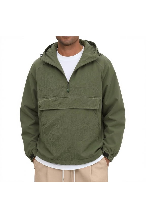 Men's Active Solid Jackets, Lightweight Anorak Coat Tops -Half-Zip, Hooded, Elastic Hem, Spacious Pocket, Durable Fabric, Versatile Streetwear(Army Green/M)