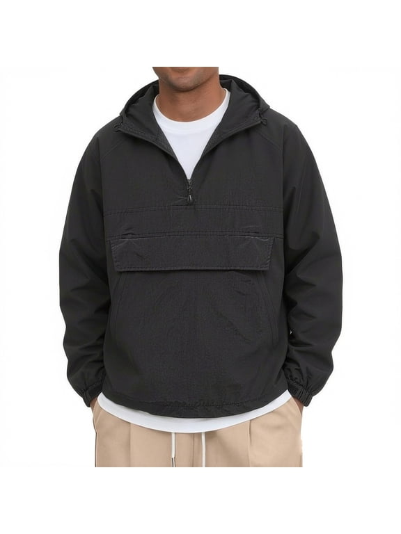 Men's Active Solid Jackets, Lightweight Anorak Coat Tops -Half-Zip, Hooded, Elastic Hem, Spacious Pocket, Durable Fabric, Versatile Streetwear(Black/XL)