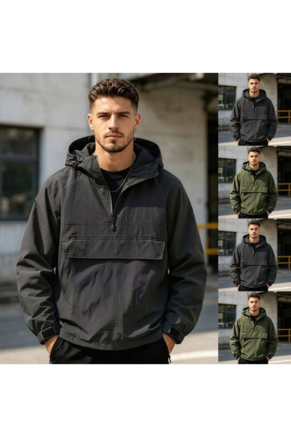 Men's Active Solid Jackets, Lightweight Anorak Coat Tops -Half-Zip, Hooded, Elastic Hem, Spacious Pocket, Durable Fabric, Versatile Streetwear(Black/S)