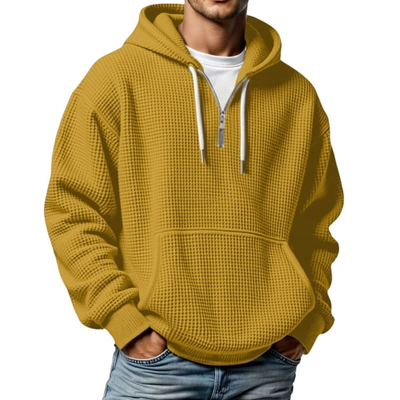 VeFlora Men's Half Zip Waffle Hoodie, Long Sleeve Solid Color Sweatshirt for Men, 1/4 Zip Pullover Hoodie Top with Pockets(Gold/XL)