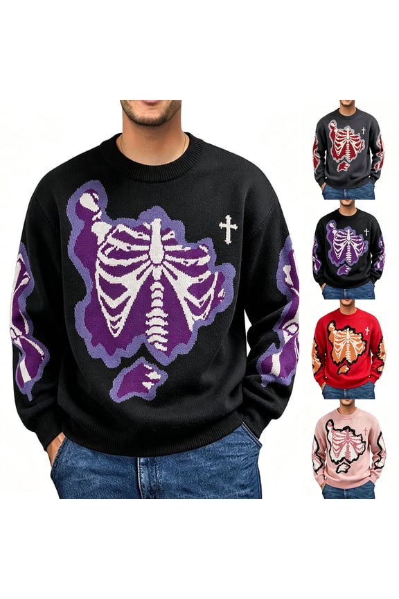 Men's Halloween Skeleton Sweater Goth Grunge Skull Long Sleeve Pullover Jumper Graphic Alternative Sweaters(Black/S)