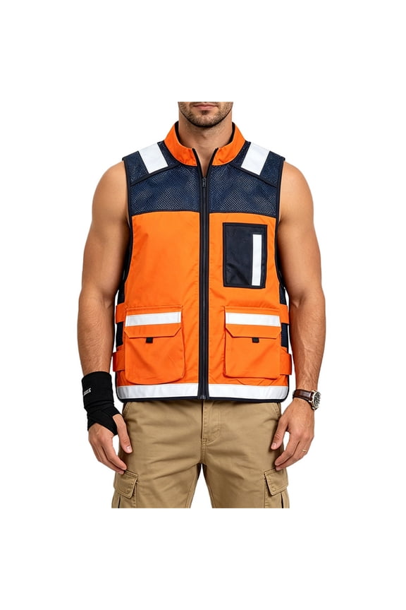 Men’s High Visibility Reflective Safety Vest, Breathable Mesh Utility Work Vest with Multi Pockets, for Construction, Emergency Patrol, Hiking, Outdoor Work & Summer Activities(Orange/L)