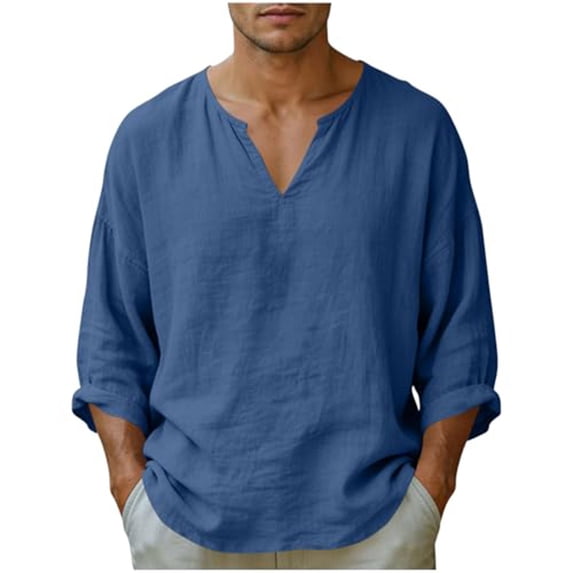 VeFlora Men's Linen Shirt, Long-Sleeve, V-Neck, Button-Down Linen Shirt, Men's Summer Shirt, Lightweight, Casual Shirt, Men's Shirts, Beach Shirt(Navy/XXXL)