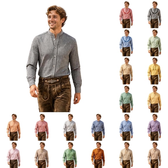 VeFlora Men's Oktoberfest Outfits, Long Sleeve Button Down Oktoberfest Plaid Shirts for Men, October Festival Dress Shirt, Print Collar Casual Top for Oktoberfest, Party and Daily Wear(Black2/S)