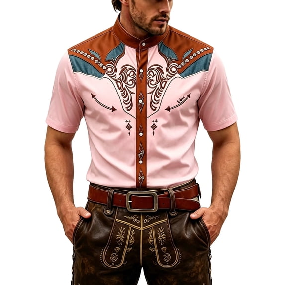 VeFlora Men's Oktoberfest Outfits, Short Sleeve Button Down Oktoberfest Shirts for Men, Casual Top for Oktoberfest, Party and Festival Wear(Pink6/XXXL)