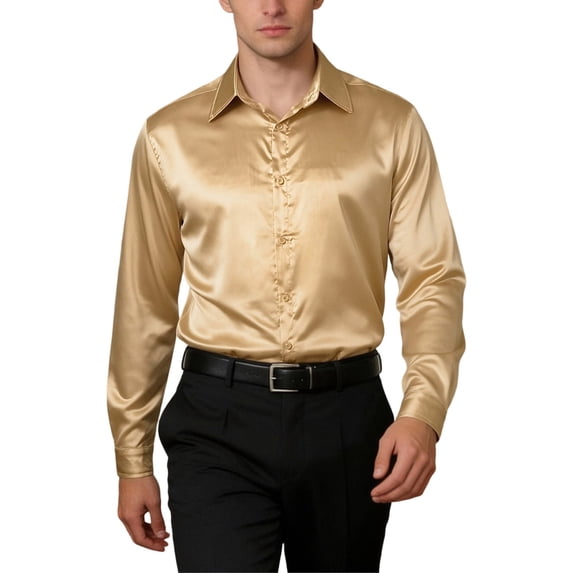 VeFlora Men's Satin Dress Shirts, Long Sleeve Button Up Night Club Shirt, Wedding Party Prom Shirt(Yellow/S)