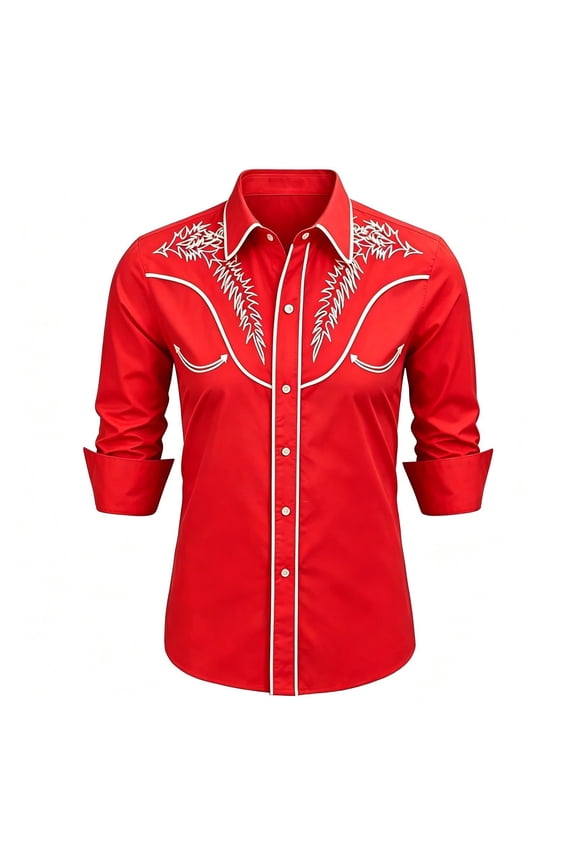 Men’s Western Cowboy Shirt Long Sleeve Embroidered Button Down Casual Denim Style Top for Daily Work or Rodeo Events Trendy Ranch Wear(Red/S)