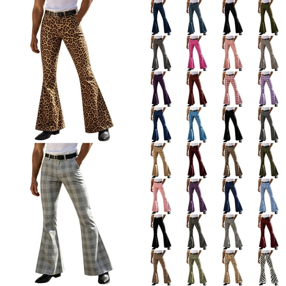 VeFlora Mens Bell Bottoms, Cheetah Print Bell Pants for men, 60s 70s Disco Outfits for Men Vintage Flared Jeans(Gold/S)