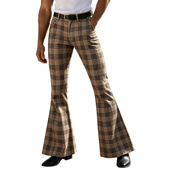 VeFlora Mens Bell Bottoms, Cheetah Print Bell Pants for men, 60s 70s Disco Outfits for Men Vintage Flared Jeans(Khaki1/XXL)
