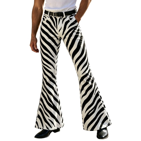 VeFlora Mens Bell Bottoms, Cheetah Print Bell Pants for men, 60s 70s Disco Outfits for Men Vintage Flared Jeans(White1/XXL)