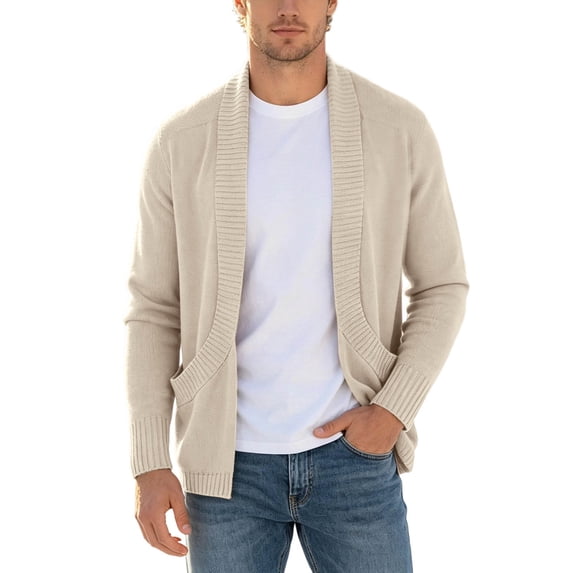 VeFlora Mens Shawl Collar Long Sleeve Cardigan Casual Knit Open Front Sweater Fall Winter Thermal Cardigan Sweater(Beige/L)