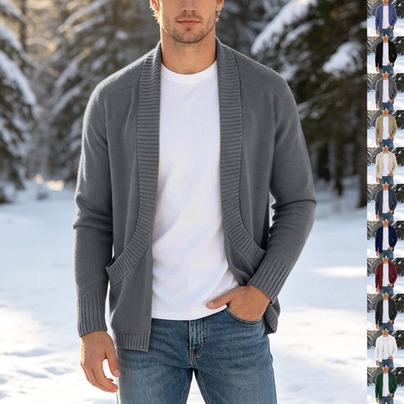 VeFlora Mens Shawl Collar Long Sleeve Cardigan Casual Knit Open Front Sweater Fall Winter Thermal Cardigan Sweater(GY2/S)