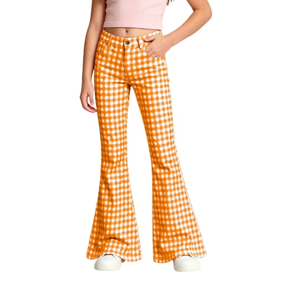 VeFlora Wide Leg Pants for Girls, Flare Pants for Girls, High Rise Elastic Waist Loose Fit Bell Bottom, Flare Leggings for Girls(13-14 Years/Orange)