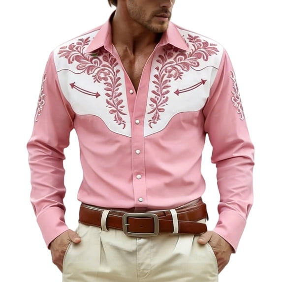 VeFlora Western Shirts for Men Cowboy Pearl Snap Long Sleeve 3D Print Country Shirts Casual Work Slim Fit Button Down Outfits(Pink/XXL)