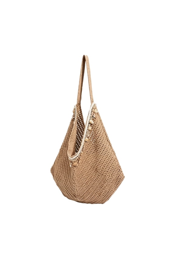 Women's Crochet Woven Beach Tote Bag, Large Hollow Knit Shoulder Bag, Bohemian Straw Style Handbag with Shell Detail for Summer Travel Casual(Khaki/One Size)