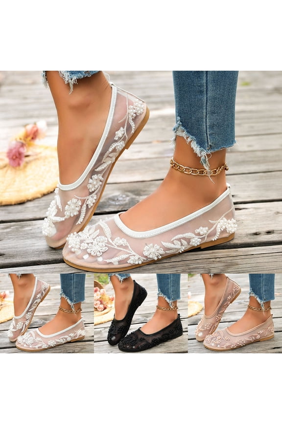 Women's Embroidered Mesh Ballet Flats, Breathable Comfortable Flat Walking Shoes, Casual Footwear for Daily Wear, Wedding & Bridal(Beige/36)