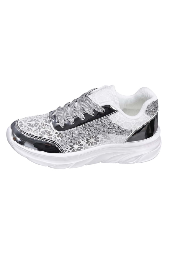 Women's Glitter Lace Mesh Platform Sneakers, Breathable Low-Top Lace-Up Casual Shoes, Lightweight Non- Fashion Walking Shoes for Summer Daily Outdoor Activities(White/36)