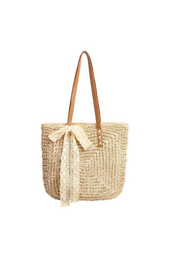 Women's Lace Bow Straw Woven Tote Bag, Large Capacity Shoulder Handbag, Lightweight Beach Tote Purse for Summer Casual Travel Shopping(White/One Size)