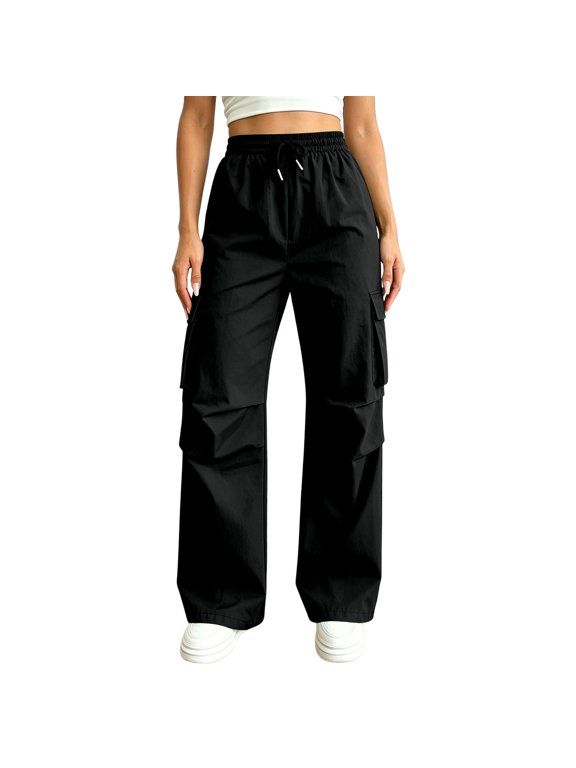 Women’s High Waist Wide Leg Cargo Parachute Pants, Elastic Drawstring Baggy Trousers with Pockets, Casual Streetwear Y2K Style, Lightweight Loose Fit for Everyday Wear(Black/S)