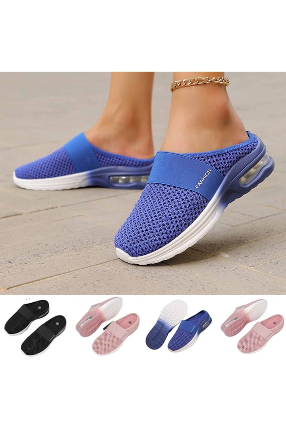 Women's Slip On Air Cushion Walking Sneakers, Breathable Mesh Backless Casual Shoes, Thick Platform Comfortable Mule Sneakers for Everyday Wear(Blue/36)