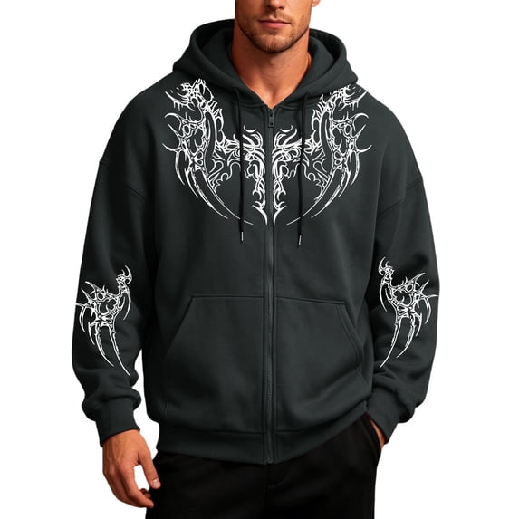 VeFlora Y2K Graphic Zip Up Hoodie for Men, Long Sleeve Drawstring Oversized Sweatshirt for Daily Wear Party(Grey/M)