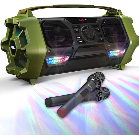VeGue VS-6633 Outdoor Karaoke Machine PA System with 2 Wireless Microphones, Bluetooth 5.0, Range Up to 33ft