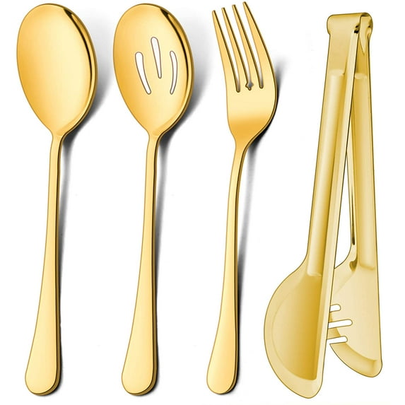 VeSteel 12-Piece Stainless Steel Gold Serving Utensils, Include 3 Large Serving Spoons, 3 Slotted Serving Spoons, 3 Serving Forks, 3 Serving Tongs