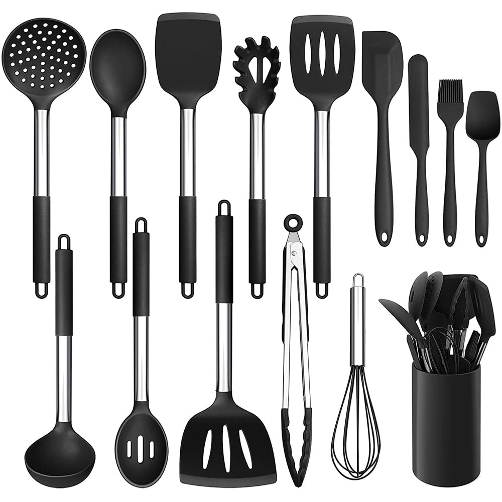 Kaluns Kitchen Utensils Set, 21 Piece Wood and Silicone, Cooking Utensils,  Dishwasher Safe and Heat Resistant Kitchen Tools, Black