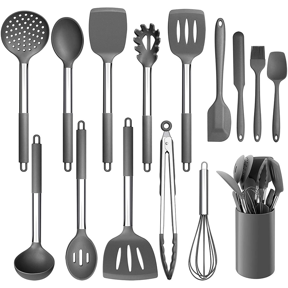  Large Silicone Cooking Utensils Set - Heat Resistant Kitchen  Utensils Sets,Spatula,Spoon,Turner Tongs,Brush,Whisk,Stainless Steel Silicone  Cooking Utensil for Nonstick Cookware,Dishwasher Safe (Gray) : Home &  Kitchen