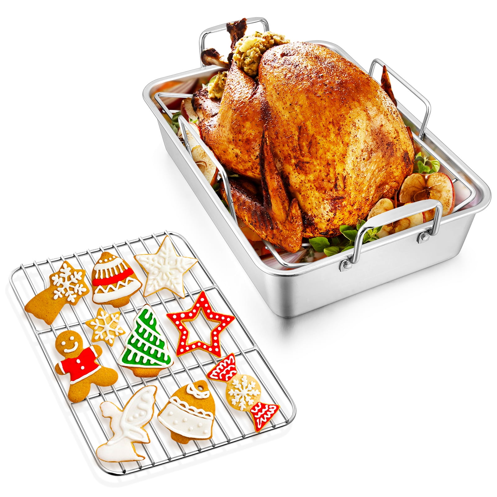 VeSteel 16'' x 11.5'' Roasting Pan with Rack, Stainless Steel Turkey Roaster Include Deep Lasagna Pan \u0026 V-Shaped Rack \u0026 Roasting Rack, Heavy Duty \u0026 Dishwasher Safe